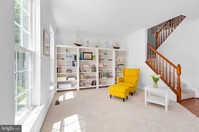 9016 Laurel Oak Ln, Fredericksburg, VA 22407 - sitting room with crown molding, stairway, carpet floors, and baseboards
