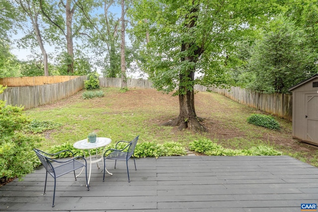 1605 Oakleaf Ln, Charlottesville, VA 22903 - wooden terrace with a storage shed, a fenced backyard, and outdoor dining area