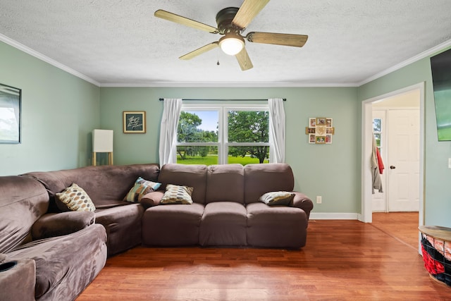 701 Horseshoe Cir, Stuarts Draft, VA 24477 - living area with ornamental molding, wood finished floors, a ceiling fan, a textured ceiling, and baseboards