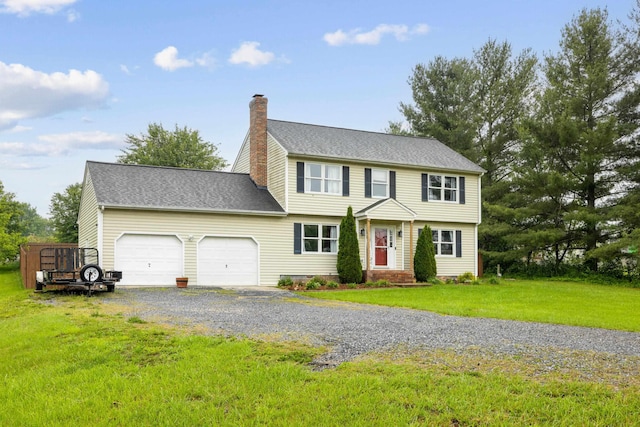 701 Horseshoe Cir, Stuarts Draft, VA 24477 - colonial inspired home with a garage, a chimney, gravel driveway, and a front lawn