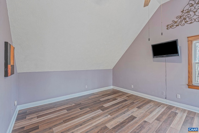additional living space featuring wood finished floors, baseboards, and lofted ceiling