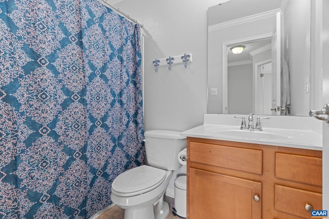 full bath featuring toilet, a shower with shower curtain, vanity, and ornamental molding