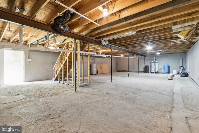 92 Aspen Hill Rd, Mineral, VA 23117 - unfinished below grade area featuring electric water heater, a water softener system, and stairway