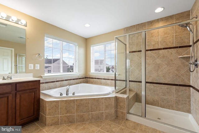 5505 Spring Bluff Ct, Fredericksburg, VA 22407 - full bath with a shower stall, a garden tub, vanity, recessed lighting, and tile patterned floors