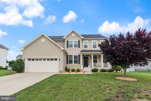 5505 Spring Bluff Ct, Fredericksburg, VA 22407 - view of front facade featuring covered porch, concrete driveway, and a front lawn