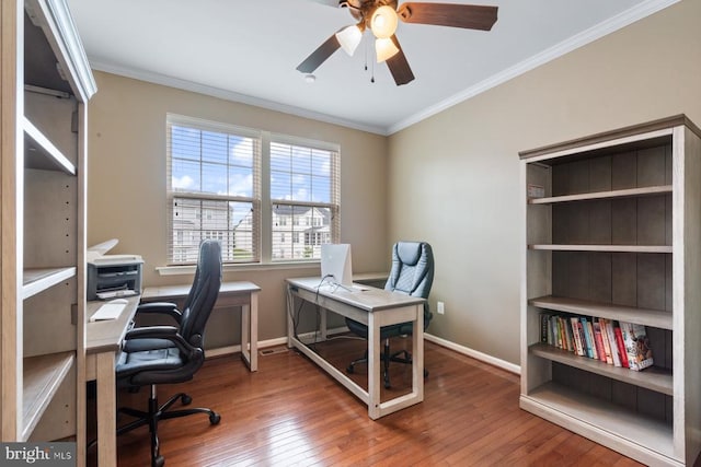 5505 Spring Bluff Ct, Fredericksburg, VA 22407 - office space featuring wood-type flooring, ornamental molding, and a ceiling fan