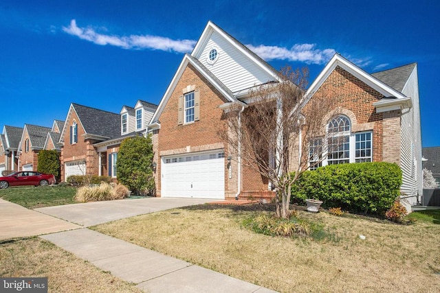 5409 Rich Mountain Way E, Fredericksburg, VA 22407 - traditional home featuring brick siding, an attached garage, concrete driveway, a front yard, and cooling unit
