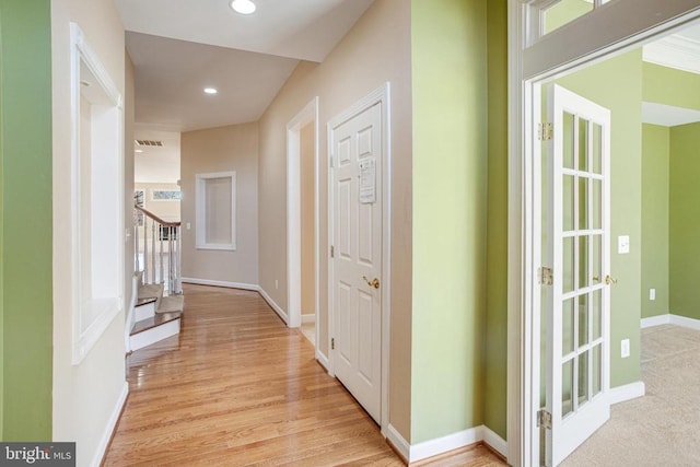 5409 Rich Mountain Way E, Fredericksburg, VA 22407 - hallway with stairs, recessed lighting, baseboards, light wood finished floors, and plenty of natural light