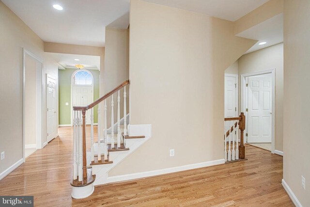 5409 Rich Mountain Way E, Fredericksburg, VA 22407 - hall featuring wood finished floors, baseboards, recessed lighting, and stairs