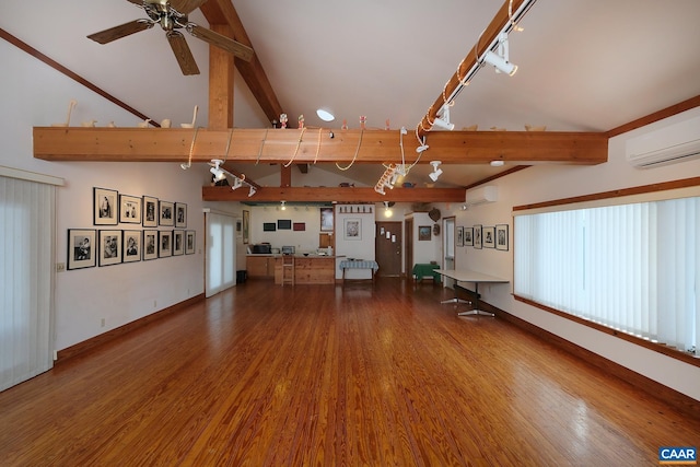 2256 Adial Rd, Faber, VA 22938 - unfurnished living room featuring ceiling fan, a wall mounted AC, and wood finished floors