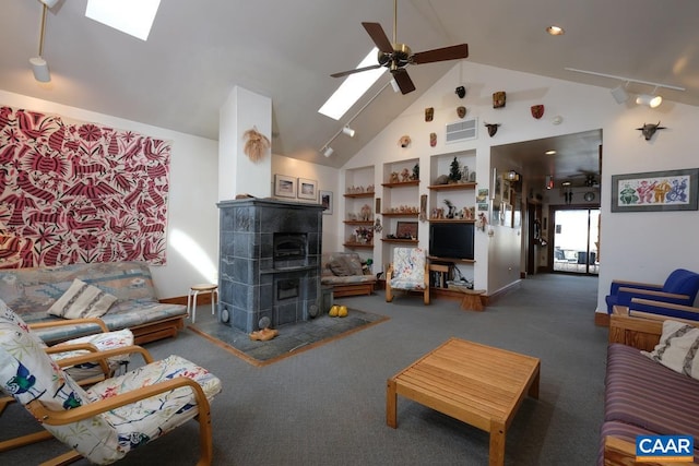 2256 Adial Rd, Faber, VA 22938 - carpeted living room with visible vents, a skylight, ceiling fan, and high vaulted ceiling