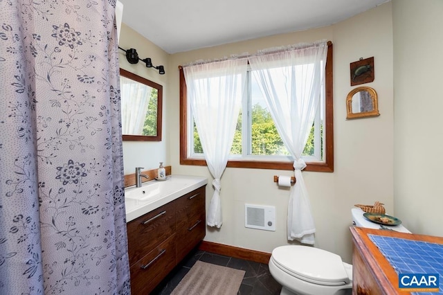 2256 Adial Rd, Faber, VA 22938 - bathroom with toilet, vanity, tile patterned flooring, heating unit, and baseboards