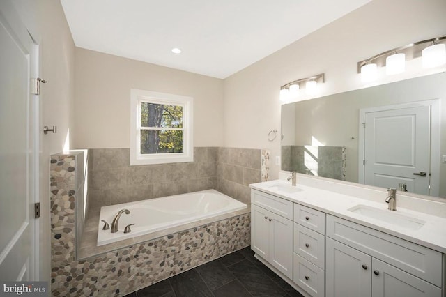 400 Constitution Blvd, Locust Grove, VA 22508 - bathroom featuring double vanity, a garden tub, a tile shower, and tile patterned floors