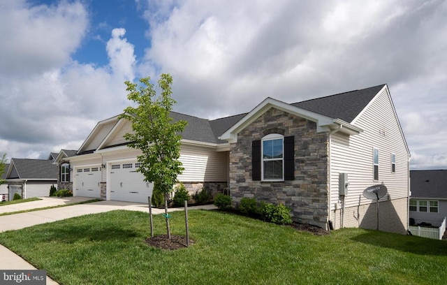 35079 Orchid Ln, Locust Grove, VA 22508 - craftsman inspired home featuring stone siding, concrete driveway, a garage, a front yard, and a shingled roof
