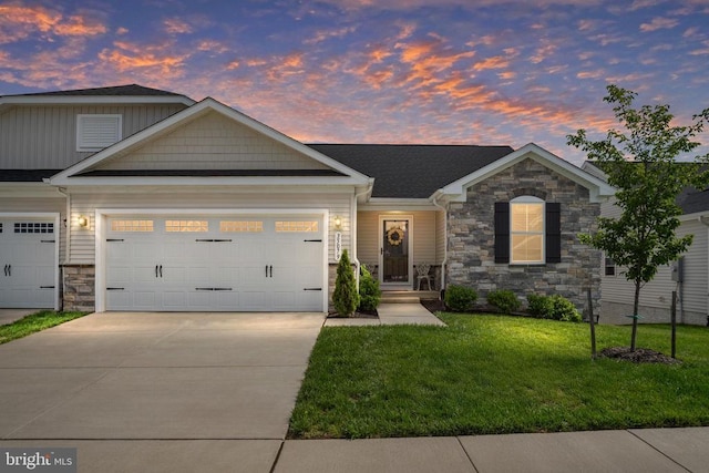 35079 Orchid Ln, Locust Grove, VA 22508 - view of front of house with stone siding, an attached garage, concrete driveway, and a front lawn