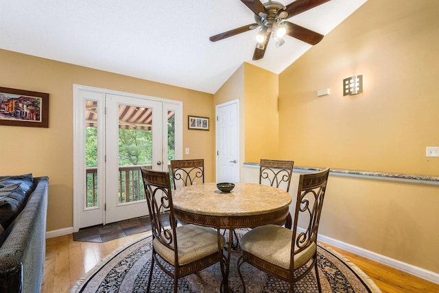 4056 Palmer Rd, Mcgaheysville, VA 22840 - dining area with a ceiling fan, light wood-style floors, and high vaulted ceiling