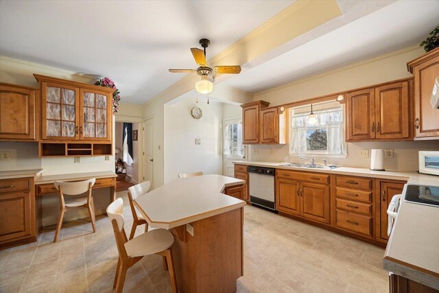 419 College Cir, Staunton, VA 24401 - kitchen with white appliances, brown cabinets, a kitchen bar, a sink, and ornamental molding