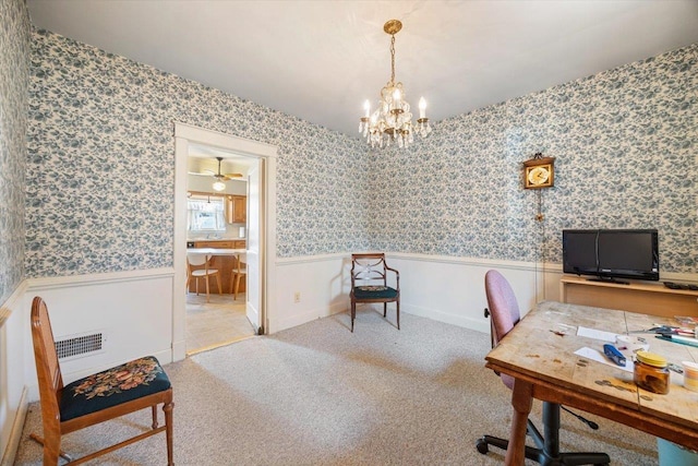 419 College Cir, Staunton, VA 24401 - office space featuring a wainscoted wall, a chandelier, wallpapered walls, and carpet