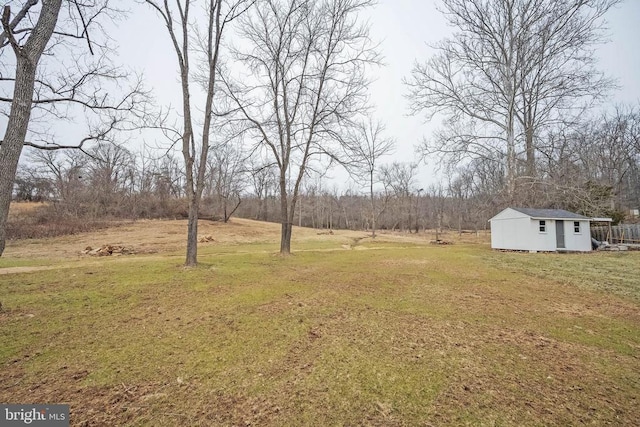 view of green lawn with an outbuilding