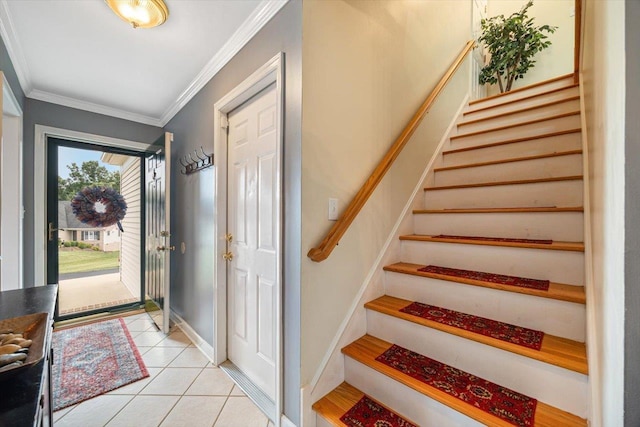 35 Hickory Nut Ln, Staunton, VA 24401 - foyer entrance with stairs, crown molding, light tile patterned flooring, and baseboards