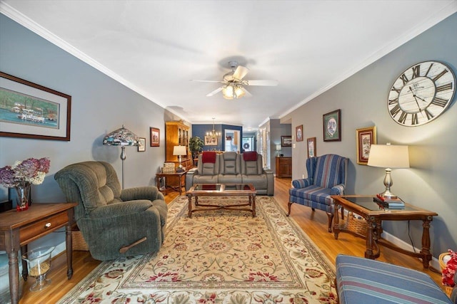 35 Hickory Nut Ln, Staunton, VA 24401 - living area with wood finished floors, ornamental molding, a chandelier, a ceiling fan, and baseboards