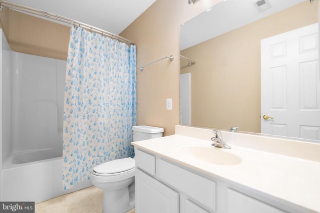 full bathroom featuring toilet, shower / tub combo, vanity, and visible vents