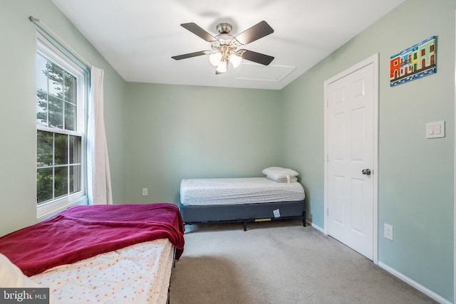  - bedroom with carpet flooring and ceiling fan