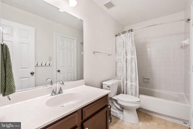  - full bathroom with vanity and shower / bath combination with curtain