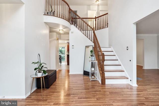  - stairs featuring wood finished floors, a high ceiling, and a ceiling fan