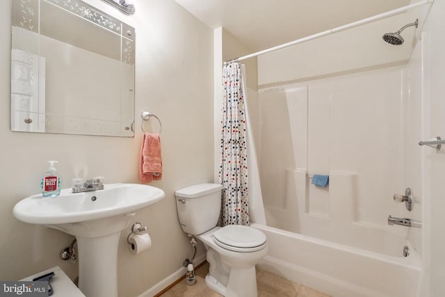  - bathroom with shower / bath combination with curtain and tile patterned flooring