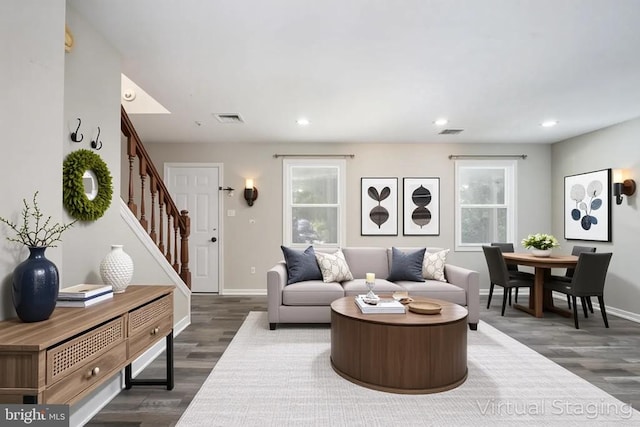 5122 Redbud Rd, Fredericksburg, VA 22407 - living room featuring stairway, wood finished floors, and recessed lighting