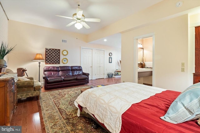 5864 Wyant Ln, Charlottesville, VA 22903 - bedroom with wood finished floors, a closet, recessed lighting, ensuite bath, and ceiling fan