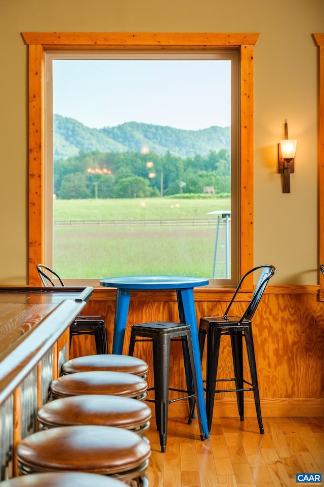 462 Winery Ln, Nellysford, VA 22958 - dining room with a wainscoted wall, bar area, light wood-type flooring, and a mountain view