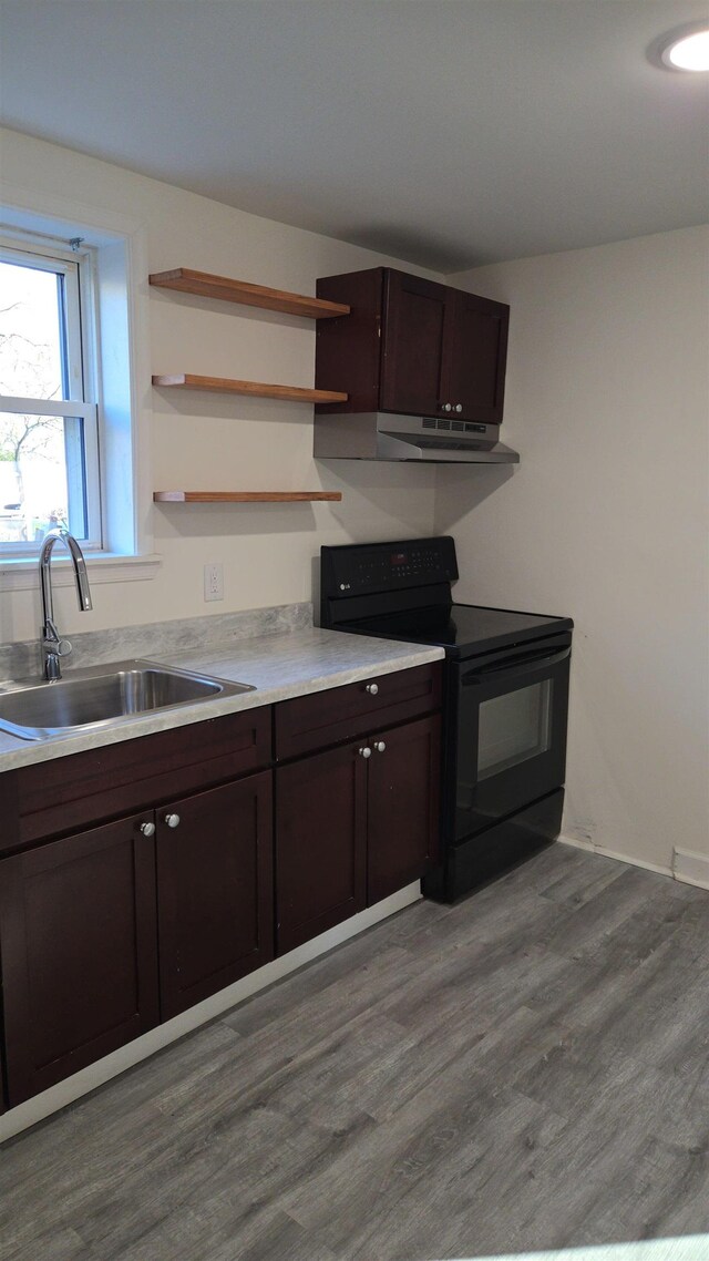 307 2nd St, Shenandoah, VA 22849 - kitchen with black electric range oven, a sink, dark brown cabinets, under cabinet range hood, and wood finished floors