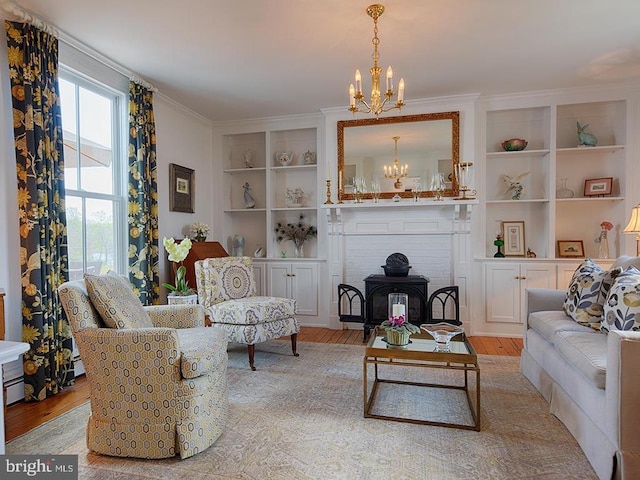 435 Larkins Mill Ln, Brightwood, VA 22715 - living room with an inviting chandelier, built in features, wood finished floors, and crown molding