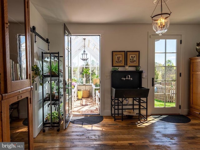 435 Larkins Mill Ln, Brightwood, VA 22715 - doorway to outside featuring plenty of natural light, a barn door, and wood-type flooring