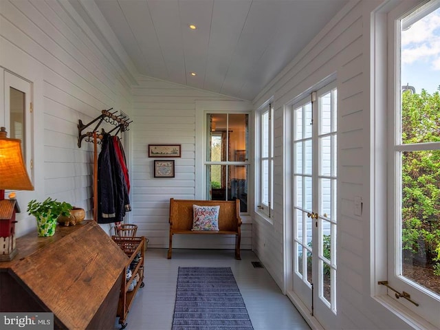 435 Larkins Mill Ln, Brightwood, VA 22715 - sunroom / solarium featuring wood finished floors, french doors, visible vents, wooden walls, and lofted ceiling