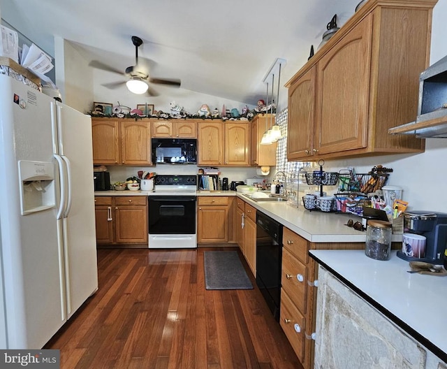 336 Blankenbaker Rd, Madison, VA 22727 - kitchen with black appliances, vaulted ceiling, light countertops, dark wood-style floors, and a ceiling fan