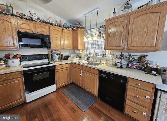 336 Blankenbaker Rd, Madison, VA 22727 - kitchen featuring black appliances, lofted ceiling, dark wood-type flooring, and light countertops