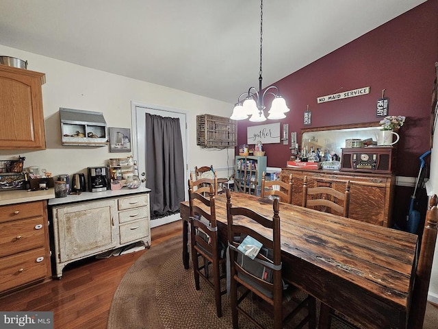 336 Blankenbaker Rd, Madison, VA 22727 - dining room featuring dark wood-type flooring, a chandelier, and vaulted ceiling