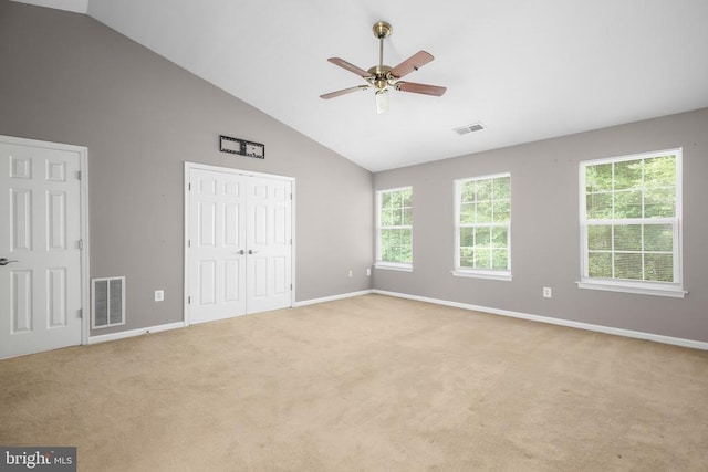 3113 Somerset Dr, Jeffersonton, VA 22724 - unfurnished bedroom featuring light colored carpet, high vaulted ceiling, and a ceiling fan