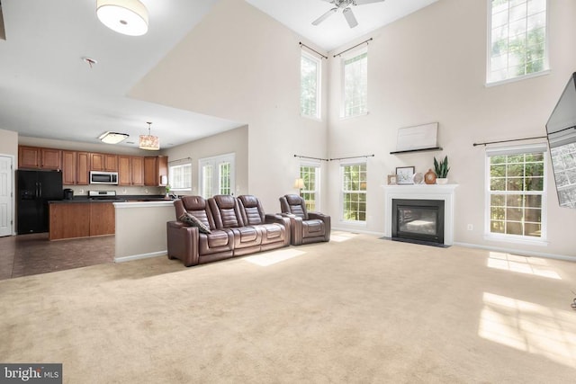 3113 Somerset Dr, Jeffersonton, VA 22724 - carpeted living area with a ceiling fan, a towering ceiling, and a fireplace with flush hearth
