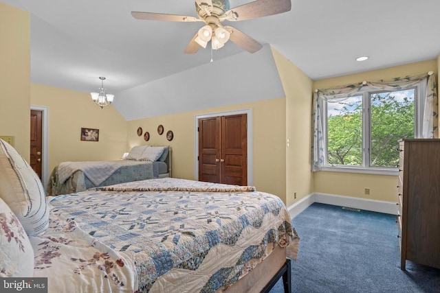  - bedroom with dark carpet, baseboards, lofted ceiling, a chandelier, and a ceiling fan