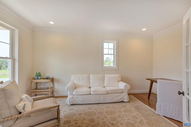 living area with baseboards, ornamental molding, recessed lighting, and wood finished floors