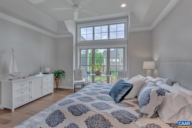 bedroom featuring recessed lighting, baseboards, ornamental molding, access to outside, and light wood-type flooring