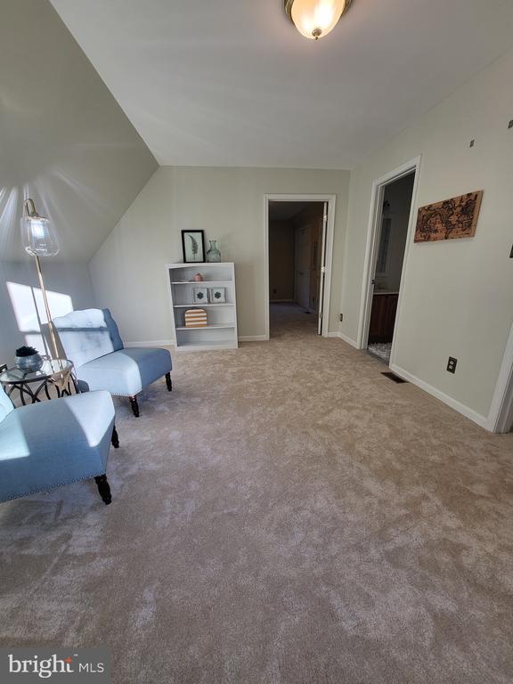  - living area with carpet flooring, baseboards, and lofted ceiling