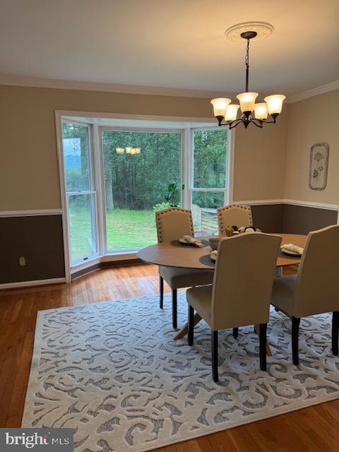  - dining room with crown molding, a chandelier, healthy amount of natural light, and wood finished floors