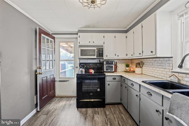 885 Main St W, Stanley, VA 22851 - kitchen featuring stainless steel microwave, electric range, a sink, crown molding, and wood finished floors
