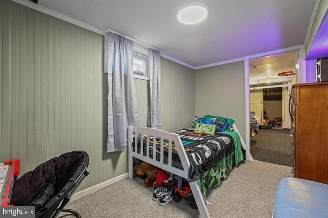 885 Main St W, Stanley, VA 22851 - bedroom featuring carpet flooring and wood walls