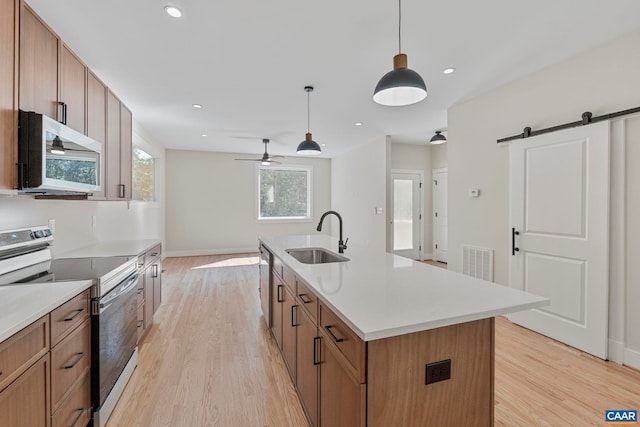 34 Turkeysag Trl, Palmyra, VA 22963 - kitchen with stainless steel appliances, a barn door, light wood-type flooring, ceiling fan, and pendant lighting